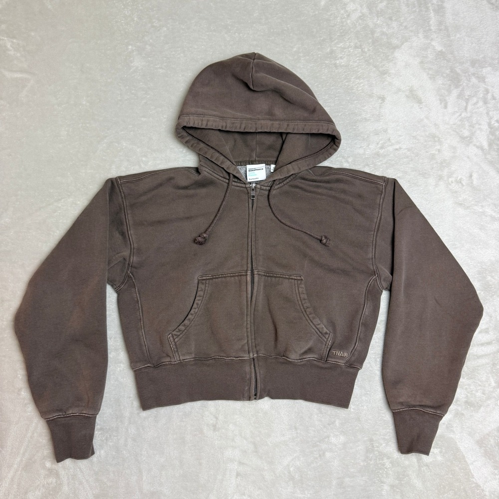 TNA Aritzia Cozy Fleece Boyfriend Zip Hoodie Womens XS Brown Cropped Gorpcore